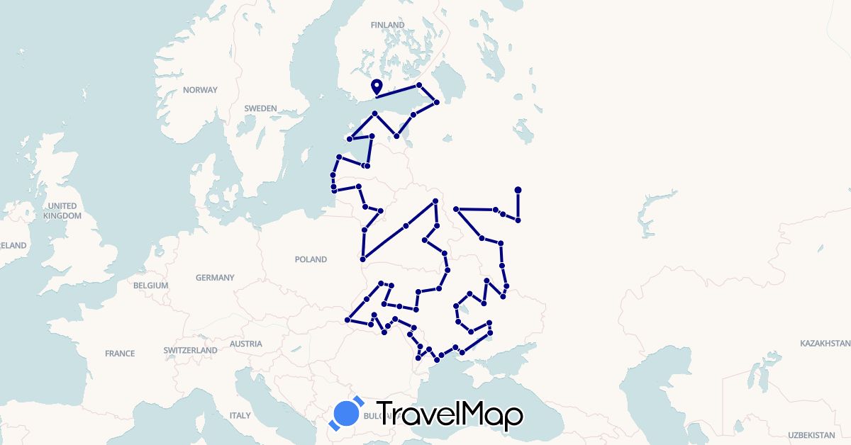 TravelMap itinerary: driving in Belarus, Estonia, Finland, Lithuania, Latvia, Moldova, Romania, Russia, Ukraine (Europe)